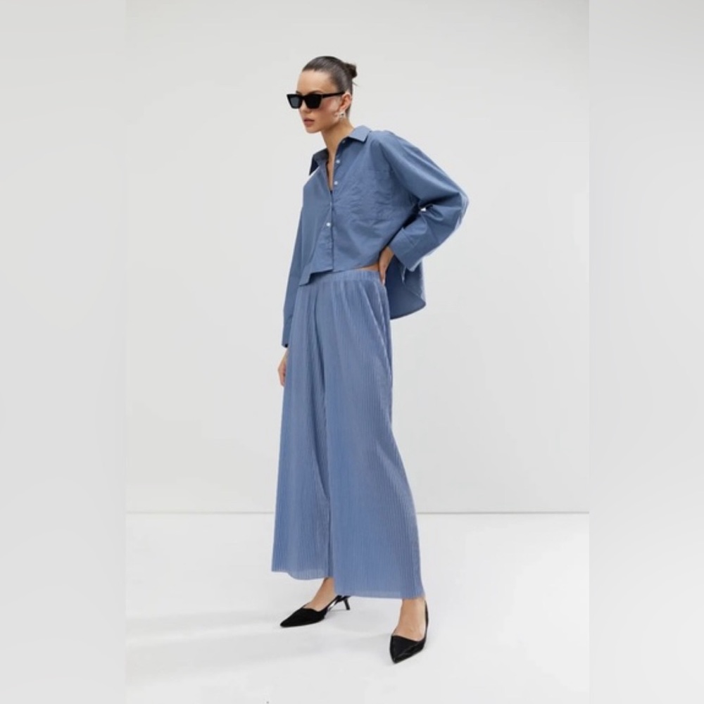Oak + Fort Wide Leg Pleated Pant Blue - Picture 1 of 7